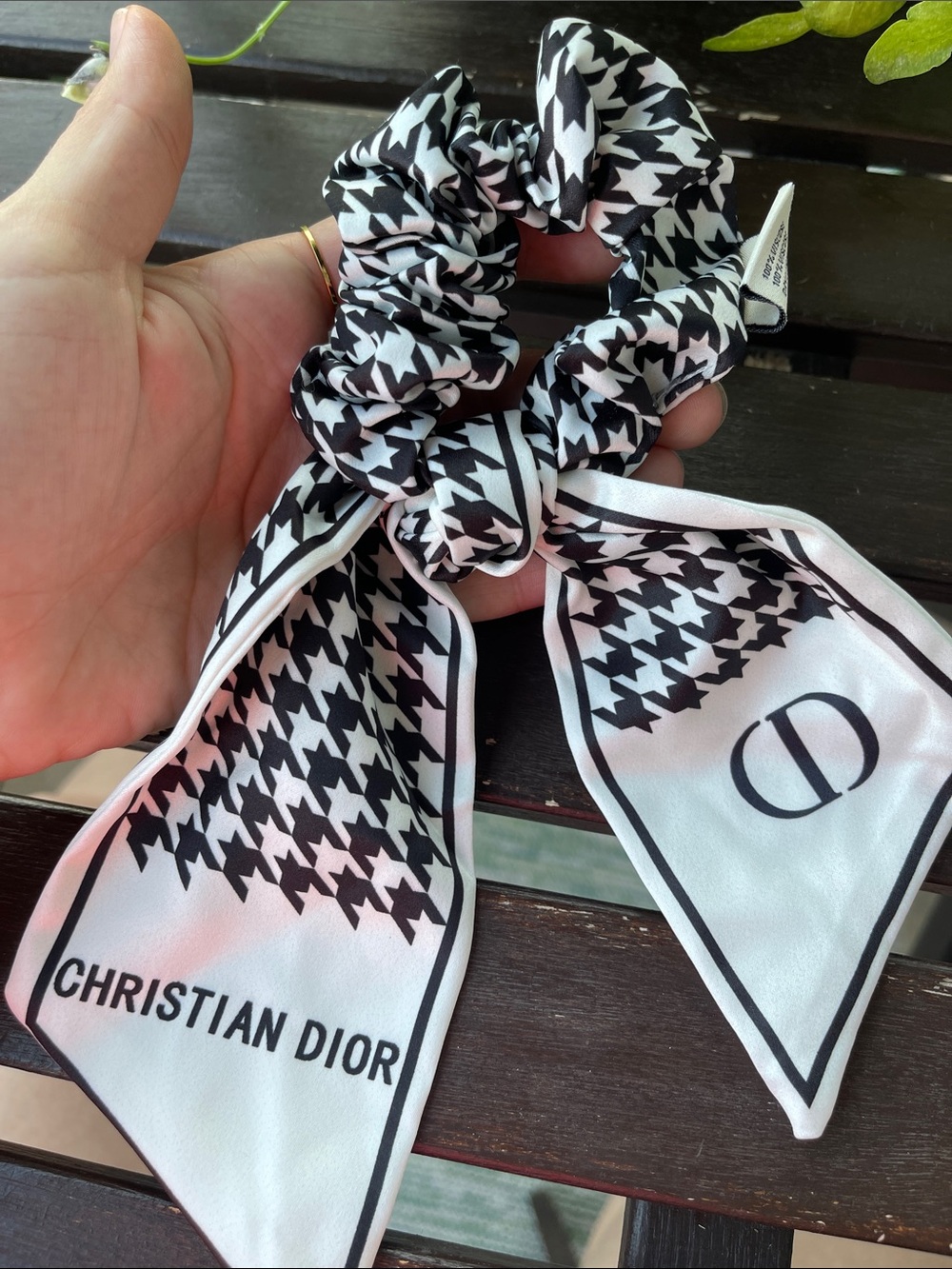Christian Dior Black & White Houndstooth Silk Scrunchie